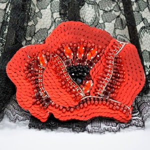 Beading PDF tutorial with Kit Poppy flower, easy beading pattern, bead embroidery pattern, beading tutorial poppy, DIY poppy flower brooch