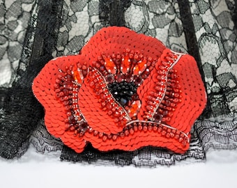 Beading PDF tutorial with Kit Poppy flower, easy beading pattern, bead embroidery pattern, beading tutorial poppy, DIY poppy flower brooch