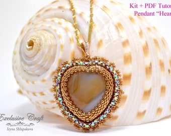 Beading Kit + PDF tutorial bead embroidered Heart necklace pendant, easy heart bezel tutorial, heart beading pattern, beading tutorial