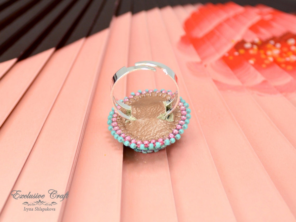 Bead Embroidered Ring With Amazonite Handmade Beaded Light Etsy
