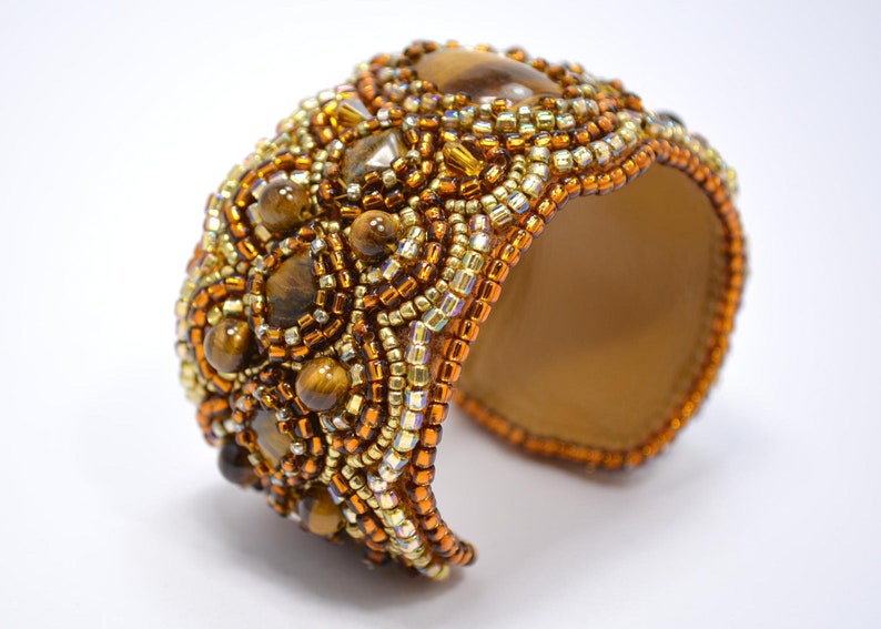 Brown bead embroidery cuff bracelet gold brown tiger eye  etsy