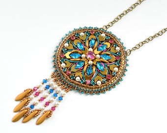 Beading Kit + PDF Tutorial Dreamcatcher necklace, easy to follow beading pattern Dreamcatcher, Dreamcatcher goldwork on filigree pattern