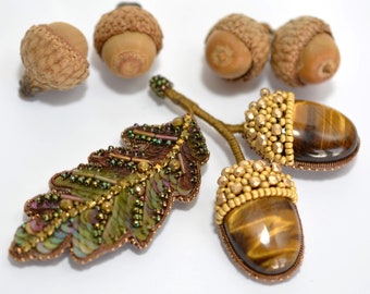 Acorn Beading Kit with PDF Tutorial – Handmade Brooch Craft Beading Kit with Tiger Eye Cabochons, Bead Embroidery Project for Adults DIY