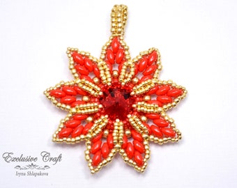 Christmas ornament Pendant, red Swarovski ornament, beaded red gold Christmas ornament, unique Christmas ornament gift, Swarovski pendant