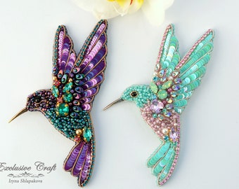 Bead embroidered Hummingbird brooch, turquoise Hummingbird brooch, purple Hummingbird brooch, unique Hummingbird pin, Hummingbird jewelry