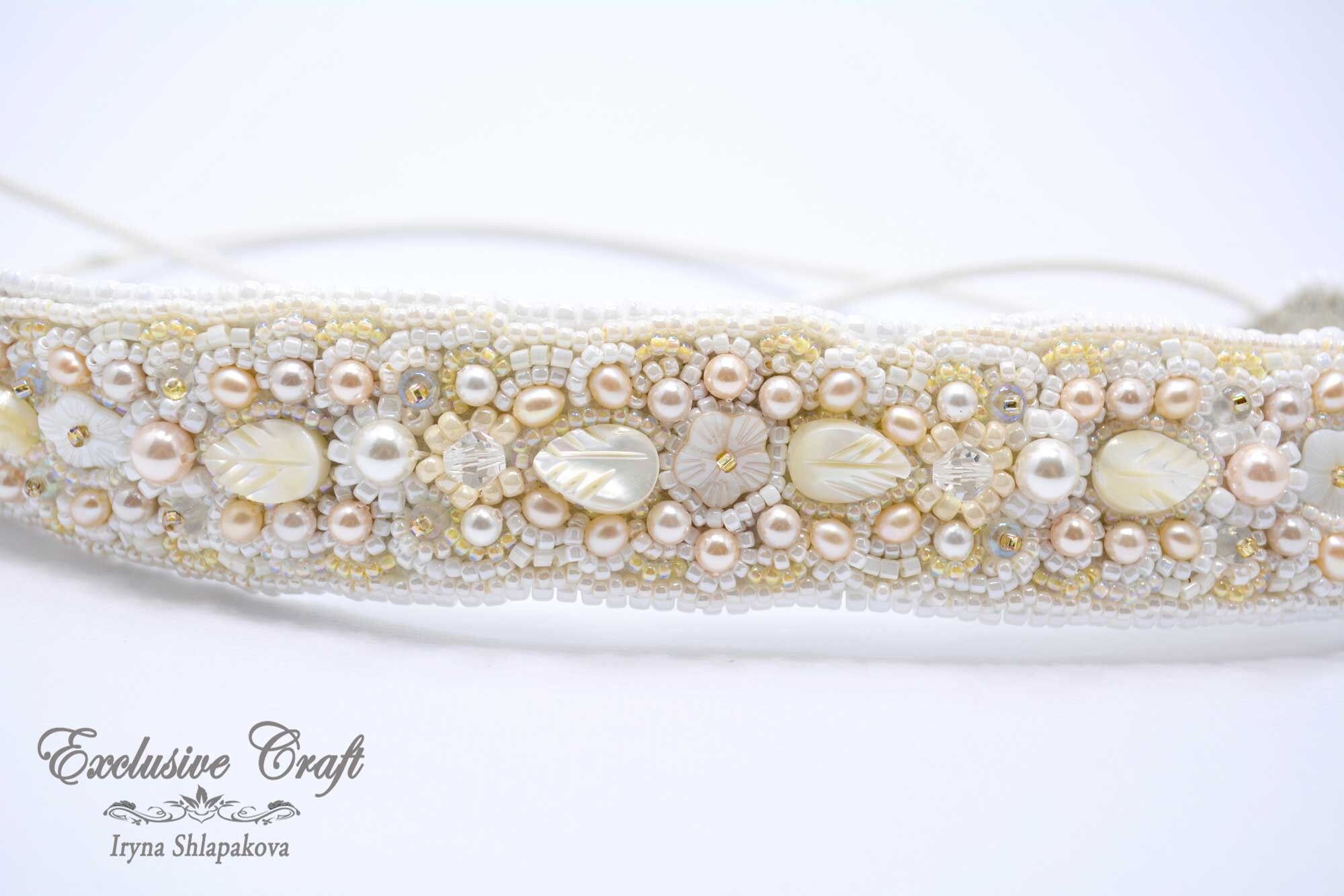 Bridal White Bead Embroidered Hair Band, Bridal Head Accessories, White