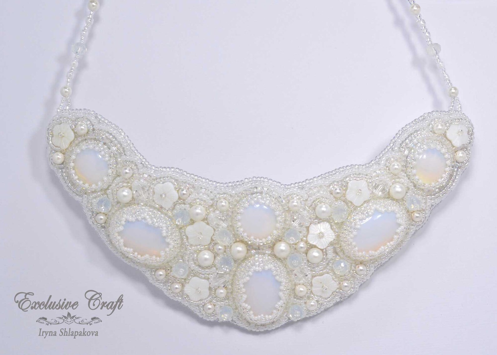 Bridal Bead Embroidery Collar Necklace, White Necklace, Bridal Jewelry
