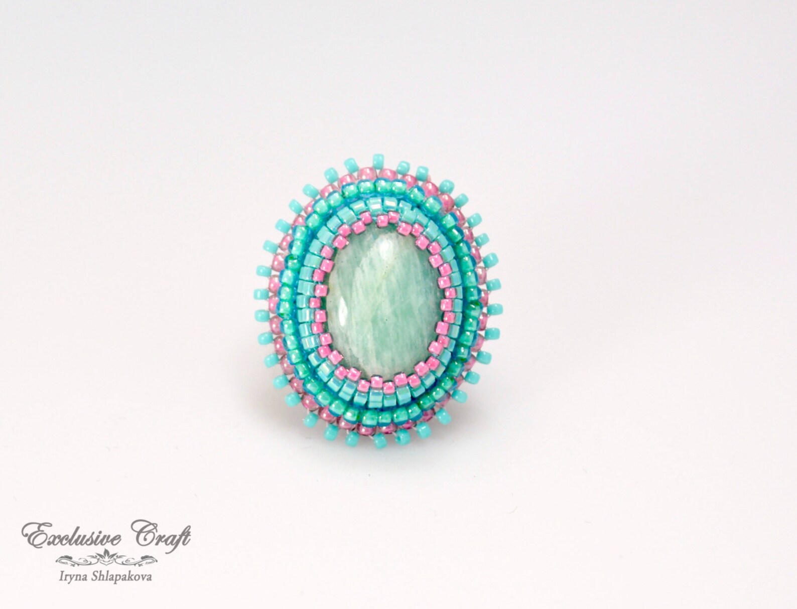 Bead Embroidered Ring With Amazonite Handmade Beaded Light Etsy