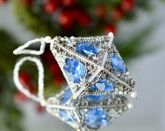 Handcrafted blue silver Christmas ornament, unique beaded Christmas ornament, unique Christmas gift, beaded blue silver crystal ornament