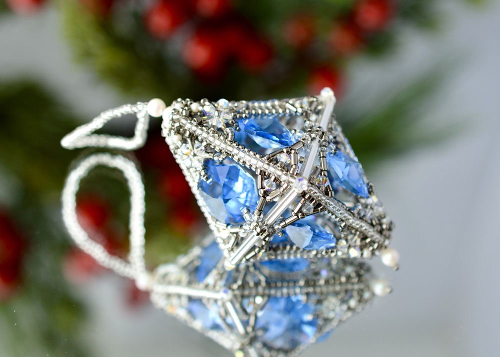 Handcrafted blue silver Christmas ornament, unique beaded Christmas ornament, unique Christmas gift, beaded blue silver crystal ornament