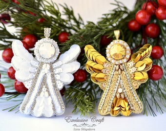 Bead embroidered Snow Angel pendant/Christmas ornament, Gold white beaded Snow Angel jewlry, unique Christmas gift, Snoe Angel necklace