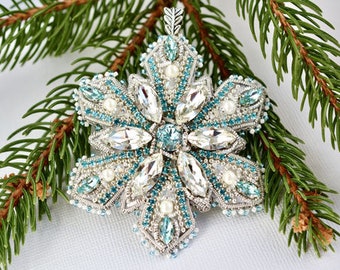 Beading Kit + PDF Tutorial Crystal Snowflake, bead embroidery pattern Christmas Pendant, Christmas ornament beading tutorial, gold work