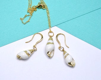 Natural Sea Shell jewelry set, sea shell earrings, sea shell pendant, gold covered sea shells, Mermaid gift, beach lover gift, Gift for Her