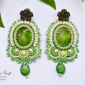 Green Jasper earrings, bead embroidered earrings, green accessories, unique green earrings, unique gift for her, green seed beads earrings