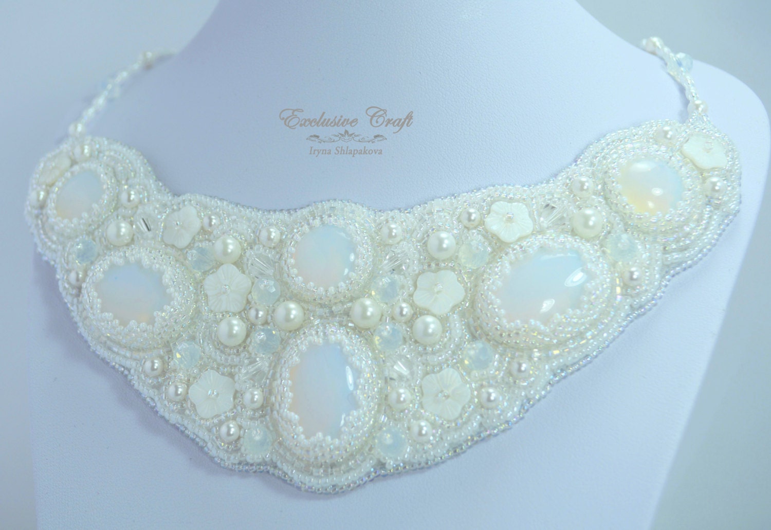Bridal Bead Embroidery Collar Necklace, White Necklace, Bridal Jewelry