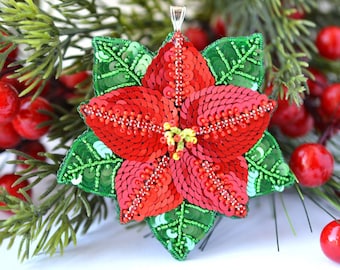 Beaded Poinsettia Christmas ornament, beaded Poinsettia pendant, Christmas Poinsettia beaded jewelry, unique Christmas jewelry present