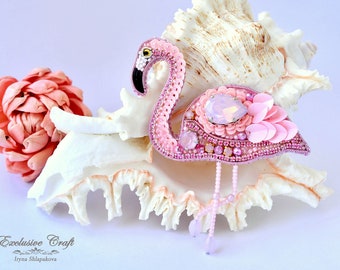 Beading zoom class with kit Flamingo, virtual beading class, bead embroidery and Goldwork Zoom class, beaded Flamingo, Pink Fuchsia Flamingo