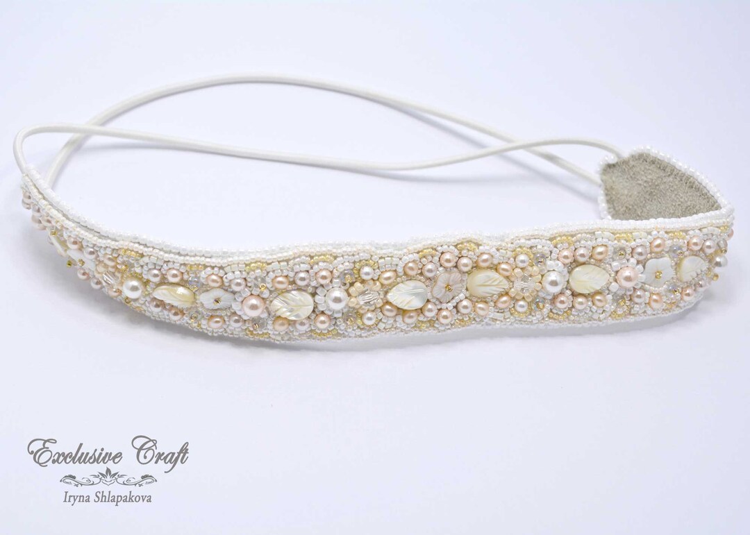 Bridal White Bead Embroidered Hair Band Bridal Head Etsy