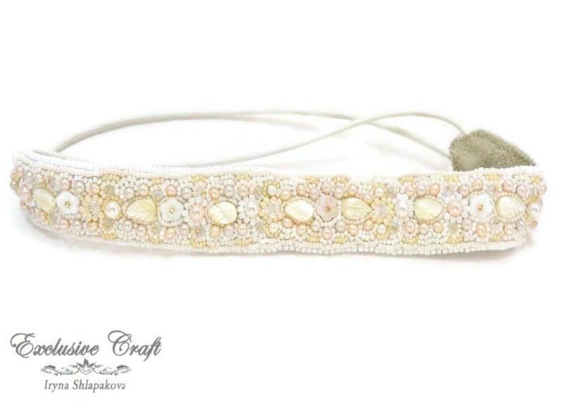 Bridal White Bead Embroidered Hair Band, Bridal Head Accessories, White