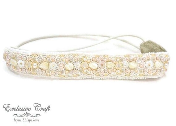 White Pearl Beaded Headband – Bridal Mother of Pearl Hair  display picture 1