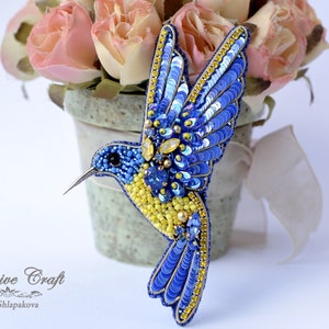 Bead embroidered green pink Hummingbird brooch, beaded Ukranian Hummingbird pin, blue yellow Hummingbird jewelry, Hummingbird lover gift