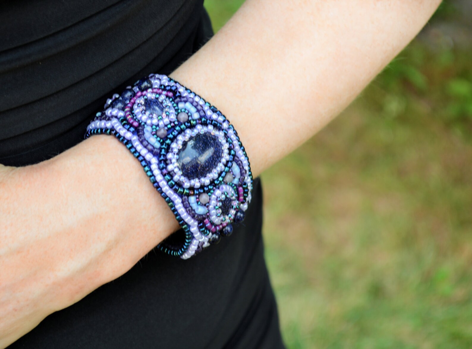 Unique Handmade Bead Embroidered Cuff Bracelet Purple Beaded Etsy
