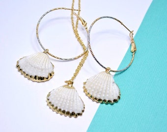 Natural Sea Shell jewelry set, sea shell earrings, sea shell pendant, gold covered sea shells, Mermaid gift, beach lover gift, Gift for Her