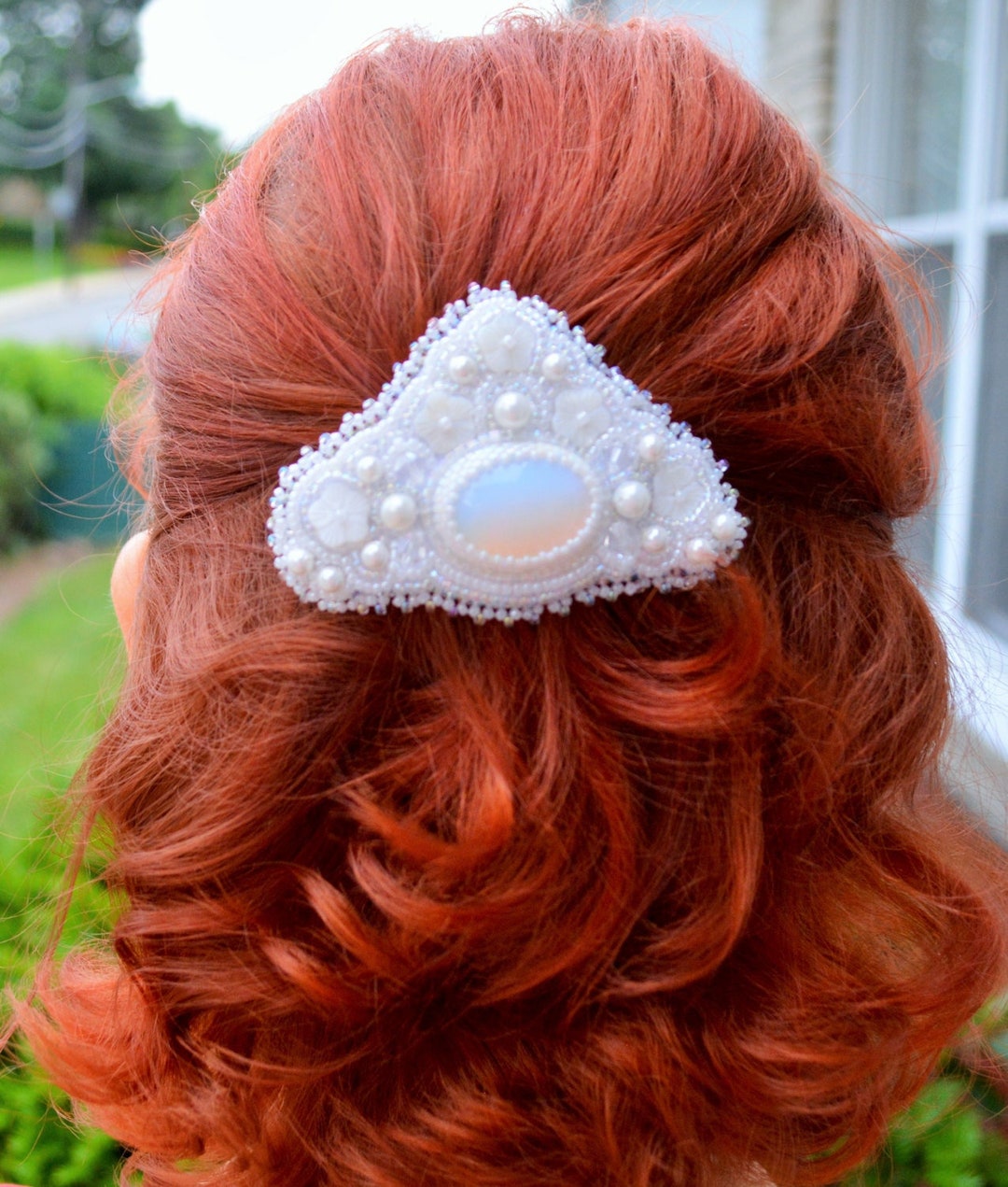 White Small Hair Barrette, Bead Embroidered Barrette, Bridal Hair