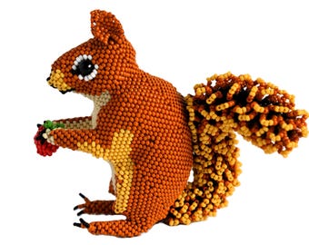 Beaded Squirrel Figurine Handmade – Woodland Animal Decor with Strawberry, Fluffy Tail, Unique Gift or Collectible, Beaded Squirrel Gift