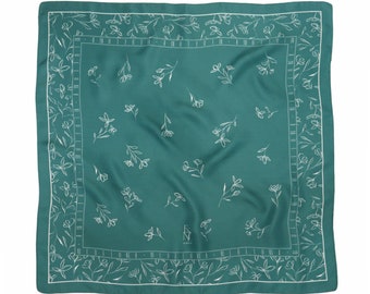 Emerald Green Silk Scarf Bandana Floral Print Head Scarf Neckerchief for Women 70x70 Foulard Neck scarf Shawl Festive Neckwear Gift for Her