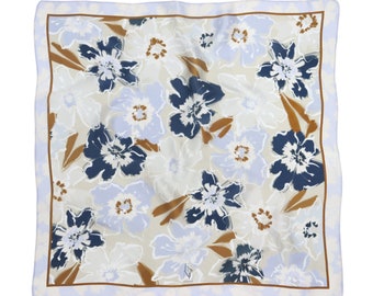 Floral Bandana for Women Silk Scarf Square Shawl Neck Scarf Neutral Navy Blue Colors Vintage Inspired Head Scarf Flower Print