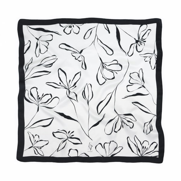 Foulard en soie à fleurs noires et blanches Bandana pour femmes Foulard de cou Floral Châle carré Foulard de tête Bandeau 70x70cm Foulard Chic Cadeau pour elle