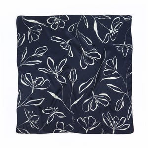 Silk Scarf Navy Blue Headscarf Bandana Women Neckerchief Flowers Floral Summer Marine Dark Blue Shawl Head Scarf Square 70x70cm Hair Scarf