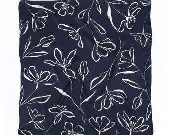 Foulard en soie bleu marine foulard bandana femme foulard fleurs floral été marine bleu foncé châle foulard carré 70 x 70 cm foulard