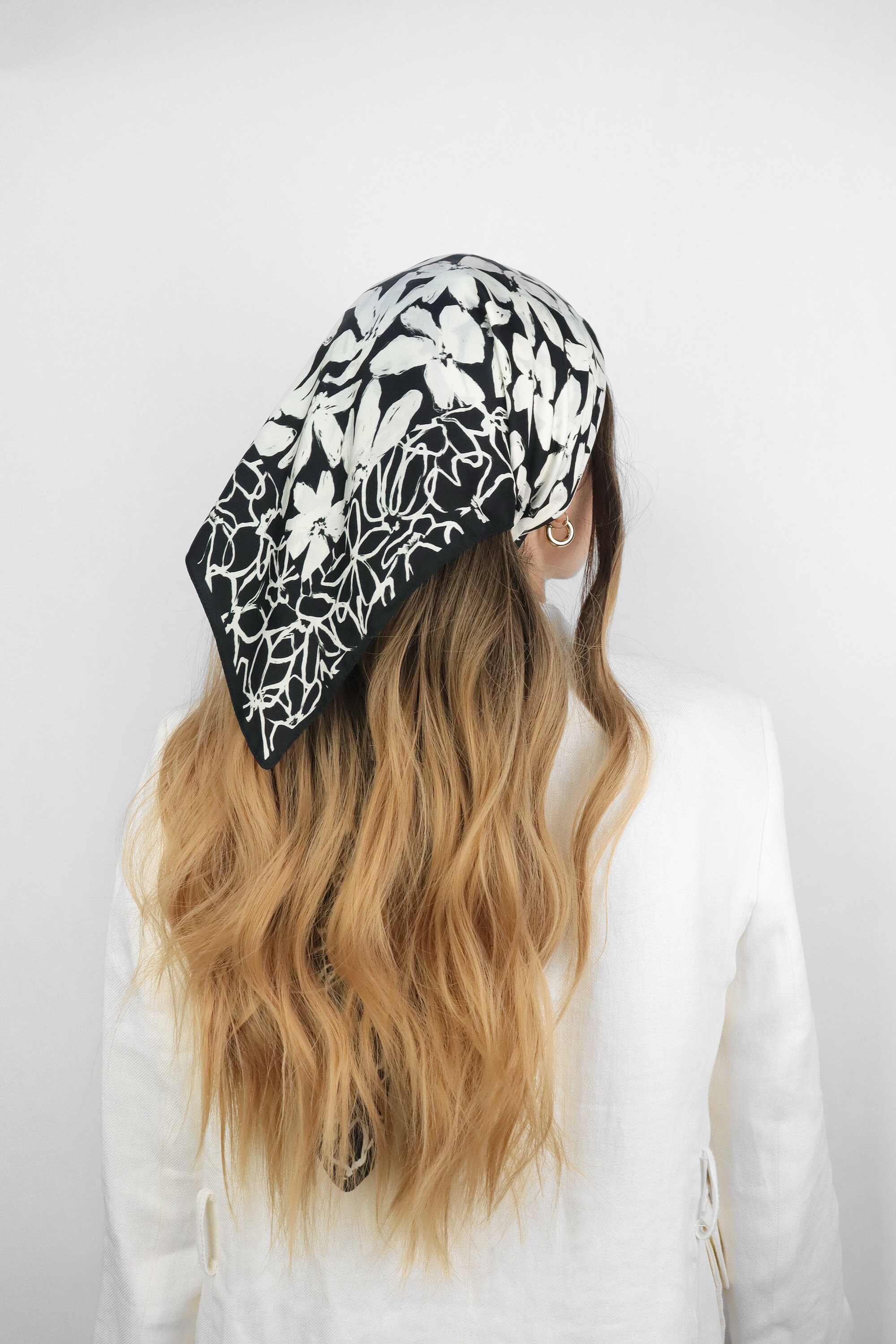 ✨NEW Floral Print White Silk like  Headscarf Pearl White Sakura Print Silk Twill Scarf | Ipekevi main image 3