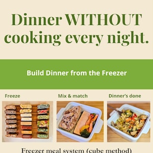 May include: A graphic with the text "Dinner WITHOUT cooking every night." and "Build Dinner from the Freezer." It shows a freezer meal system with the steps: Freeze, Mix & match, and Dinner's done. The bottom text reads "Freezer meal system (cube method)."