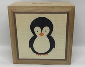 A Beautifully Hand Made Solid Oak Money Box Hand Decorated with a Cute Penguin Marquetry Design
