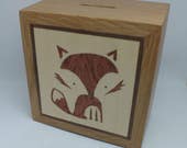 A Beautifully Hand Made Solid Oak Money Box Hand Decorated with a Fox Cub Marquetry Design