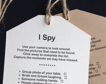Ex Large A5 Luggage Tag I Spy Wedding Camera Game Cards with Brass Eyelet & Country Twine X 10
