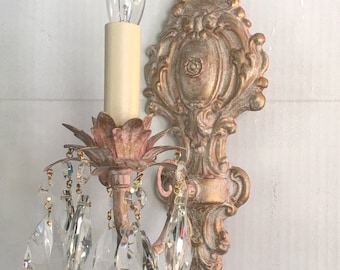 Custom Victorian style Single light electric Wall Light Sconce shabby chic Style, Pink, Cream, Gold finish clear Crystals Solid Brass