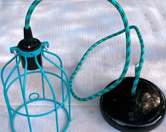 Turquoise Wire Bulb Cage Light Pendant  canopy, socket, cloth cord. Industrial Style Wire bulb cage Hanging light fixture Turquoise & Black