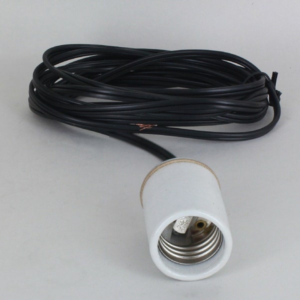 New DIY White Glazed Porcelain Socket, Cap with 10ft. Black Cord Leads.  Black Wire is 18/2 SPT-1. UL Listed