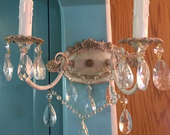 Shabby Chic 2 light wall sconce w/Rose appliques in a Cream, Pink & Gold finish, crystal almond teardrops, crystal beaded chain