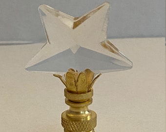 New: Handmade 2-1/2" Clear Crystal Star  Lamp Finial with Brass, Antique Brass or Chrome finished base tap 1/4-27 Made to Order