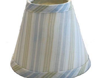 Handmade Clip-on Hardback Empire Style Shade in a Light blue, Green & White striped print with self trim on the top and bottom.