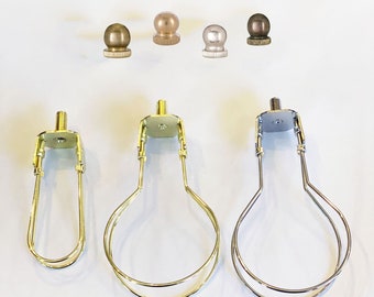 Lamp Shade Adapter (Clips onto Bulbs) No Harp Needed, choice of round bulb or torpedo bulb with choice of Solid Brass Knob finial in 5 color