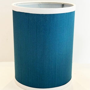 New Handmade Small Table Lamp Shade Drum Hardback 6&quot; x 6&quot; x 8&quot;H. Blue Silk fabric with White Silk trim top and bottom.