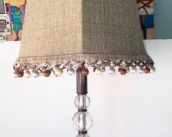 OOAK Handmade Espresso Brown Finish Brass & Crystal Table Lamp with Custom Shade, Showroom sample