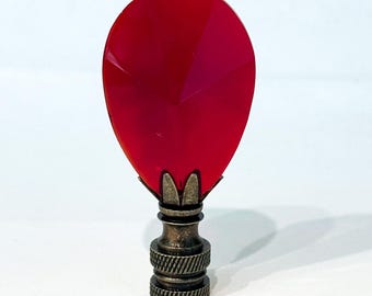 Handmade 2-3/4" Ruby Red Almond Teardrop Teal Crystal Lamp Finial with Brass, Antique Brass or Chrome base tap 1/4-27 Made to order