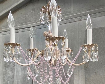 Gorgeous 5 light Cherub Chandelier Antique Pink with Cream and Gold highlights draped with Pink Crystal Chains & Clear Crystals